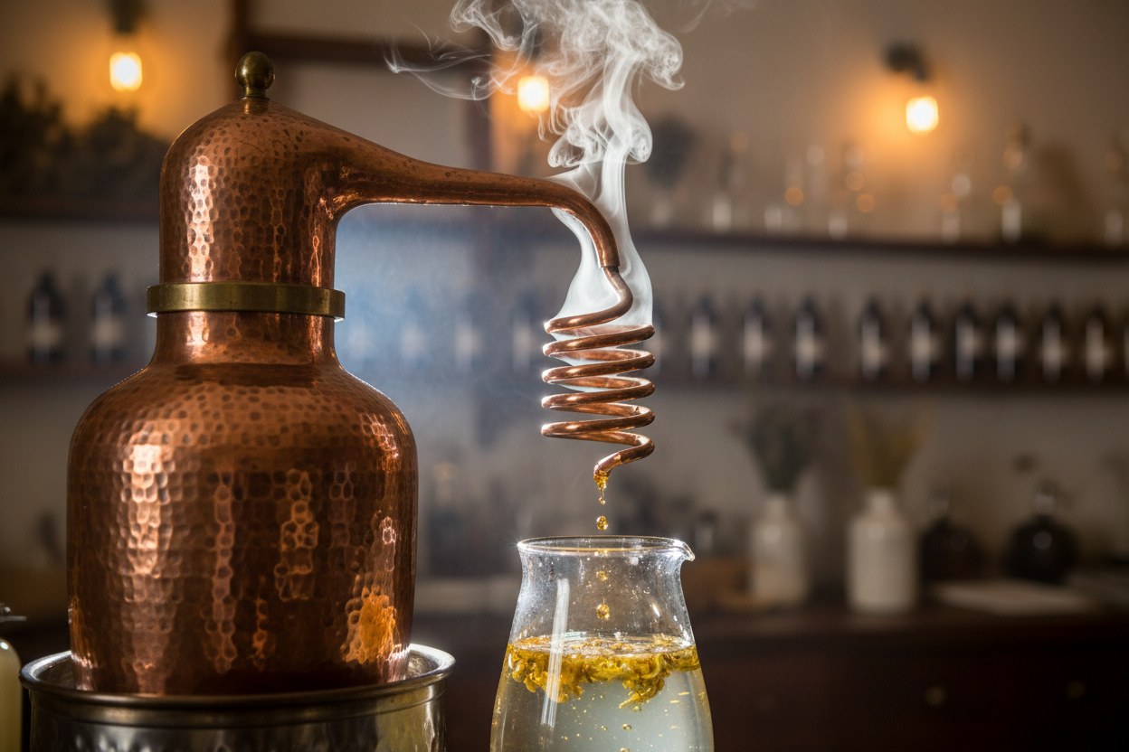 Bakır imbikte esans damıtma işlemi